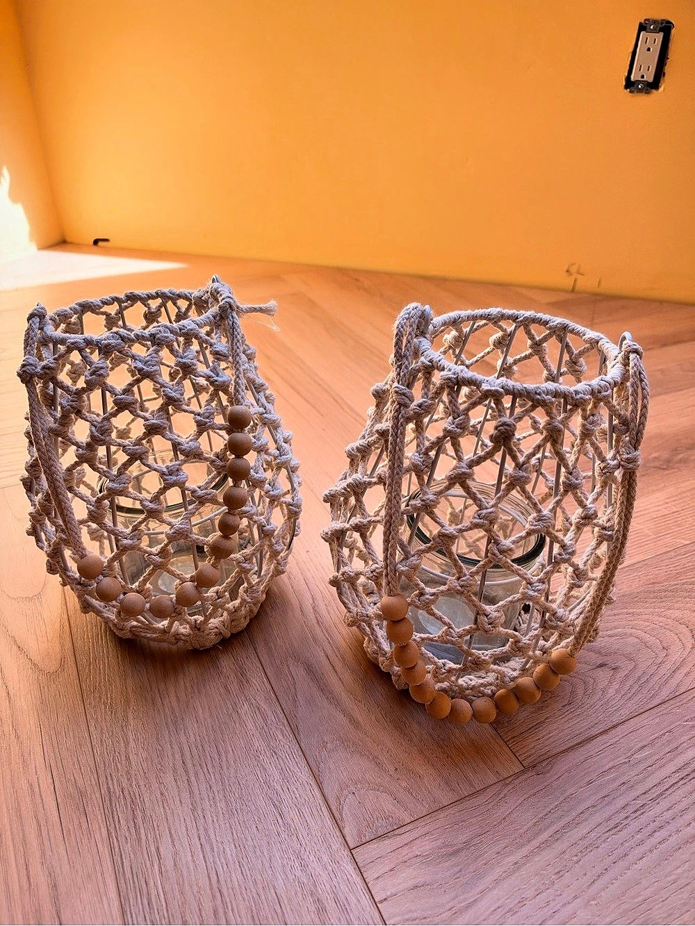 Macramé Beaded Lantern Candle Holders, Set of 2 (10" H x 5" opening)